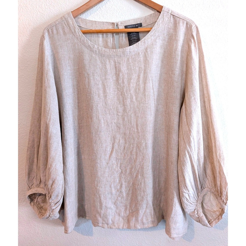 Matty M Womens XXL Linen Blend Balloon Sleeve Blouse Oatmeal Beige